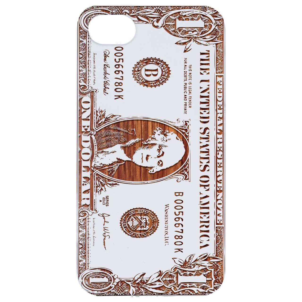 One Dollar Bill Engraved wooden phone case showcasing intricate laser engraving and natural wood finish.