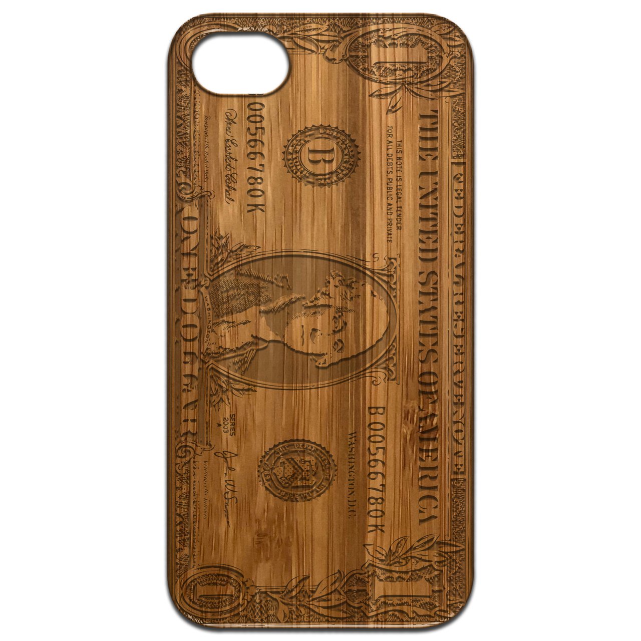 One Dollar Bill Engraved wooden phone case showcasing intricate laser engraving and natural wood finish.