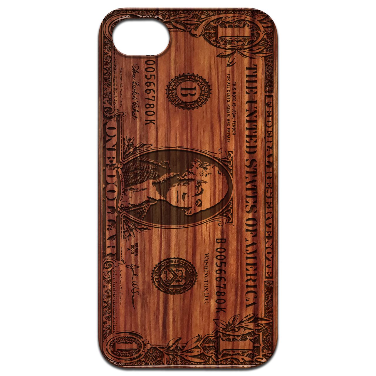 One Dollar Bill Engraved wooden phone case showcasing intricate laser engraving and natural wood finish.