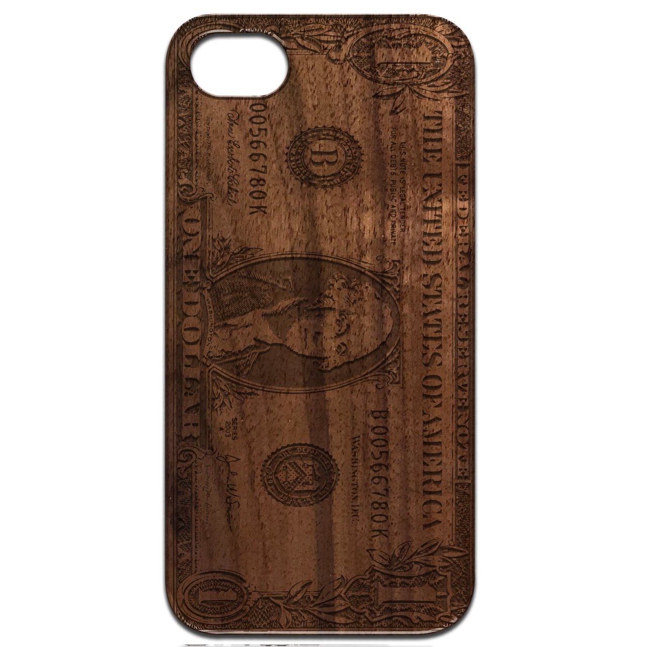 One Dollar Bill Engraved wooden phone case showcasing intricate laser engraving and natural wood finish.