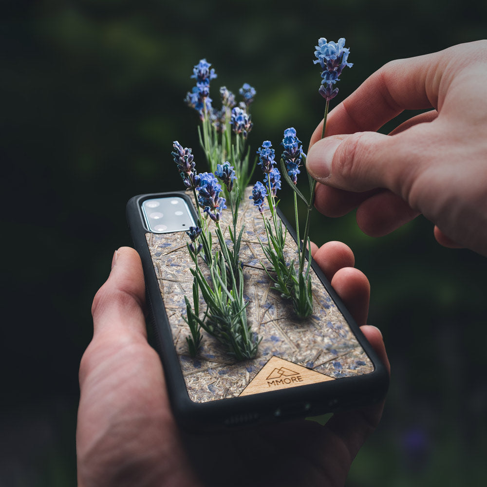 Organic Lavender Phone Case showcasing hand-picked lavender buds, eco-friendly design, and modern aesthetics.