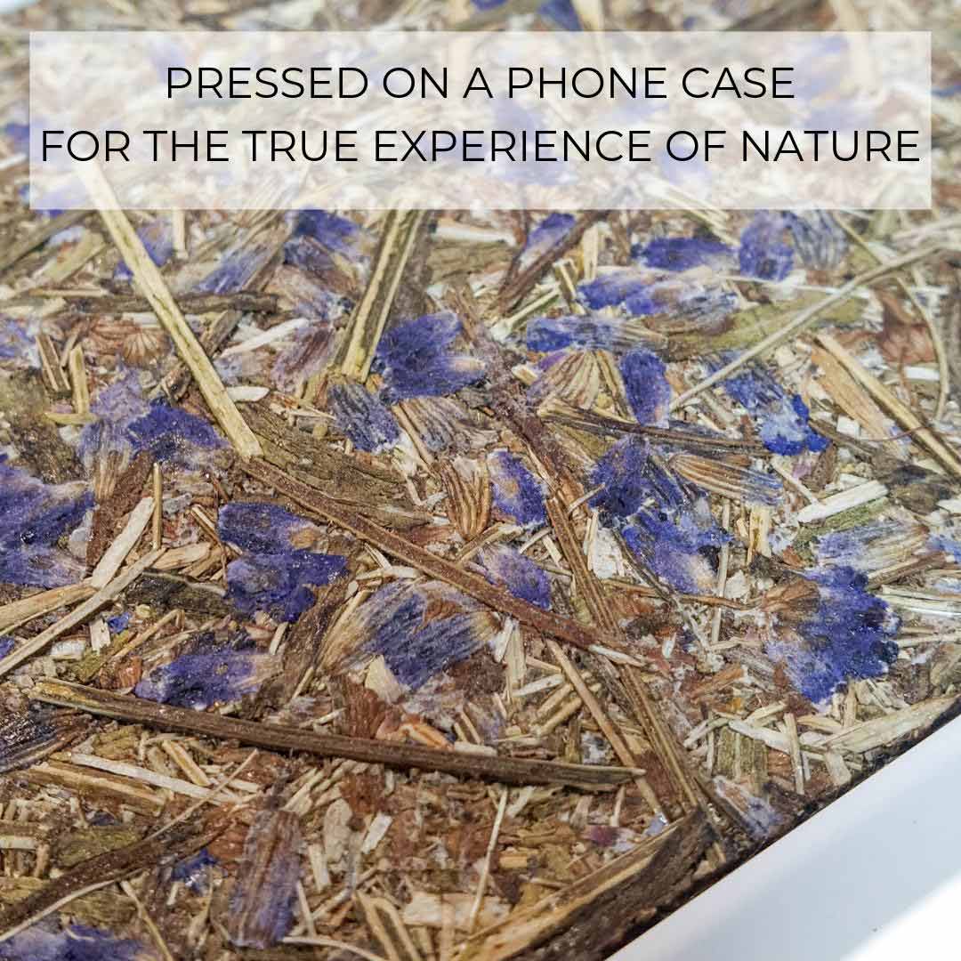 Organic Lavender Phone Case showcasing hand-picked lavender buds, eco-friendly design, and modern aesthetics.