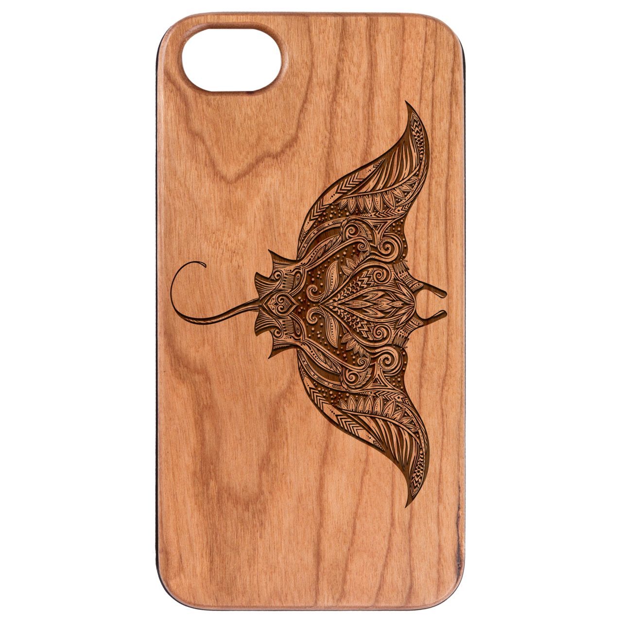 Ornate Stingray - Engraved wooden phone case showcasing intricate design and natural wood finish.