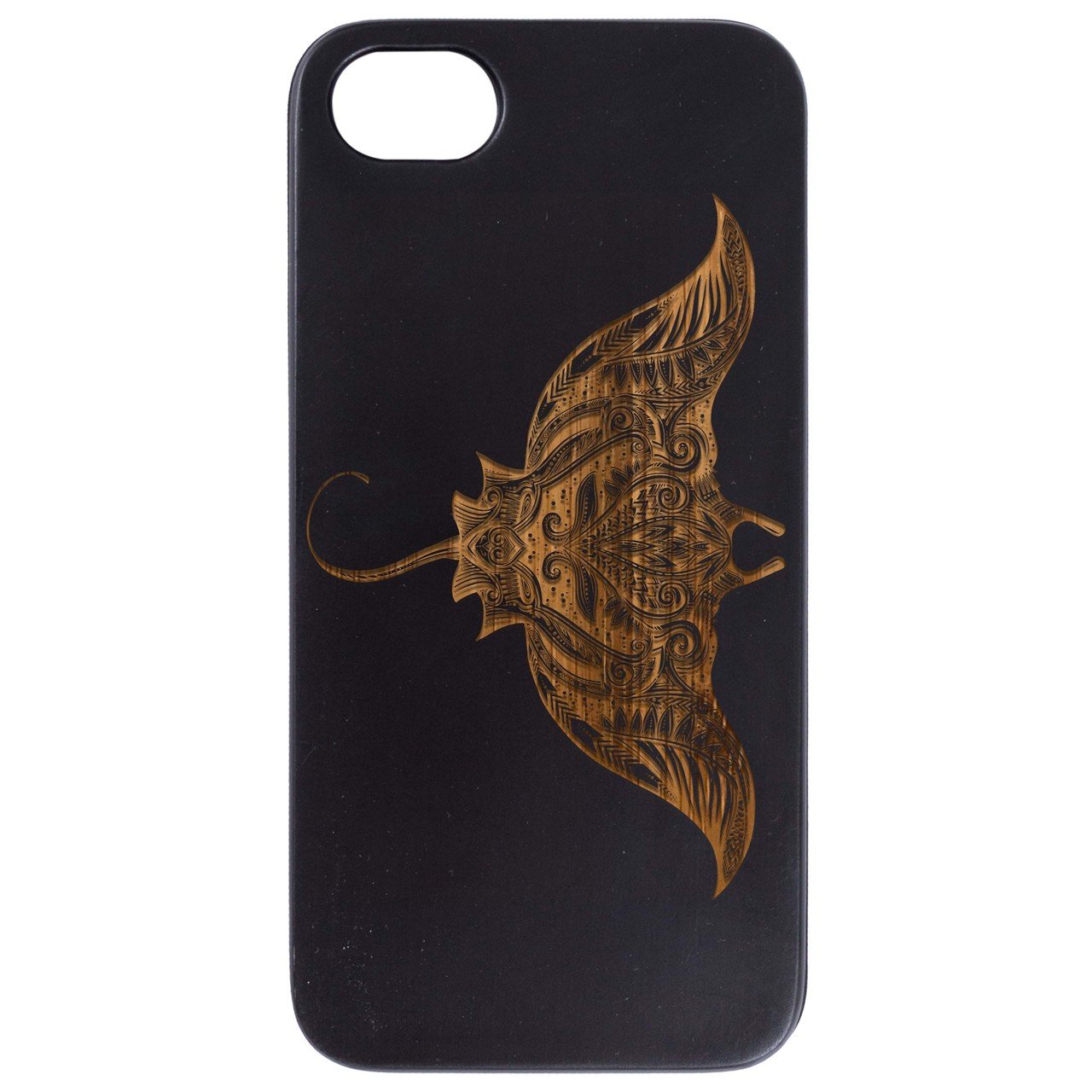 Ornate Stingray - Engraved wooden phone case showcasing intricate design and natural wood finish.