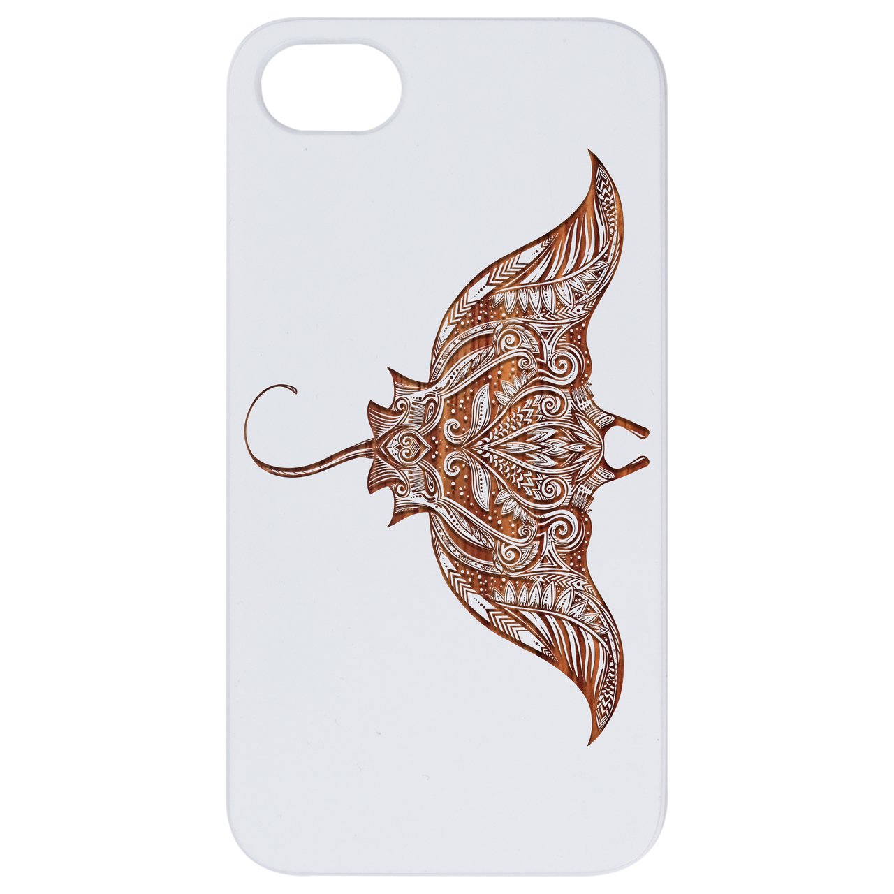 Ornate Stingray - Engraved wooden phone case showcasing intricate design and natural wood finish.