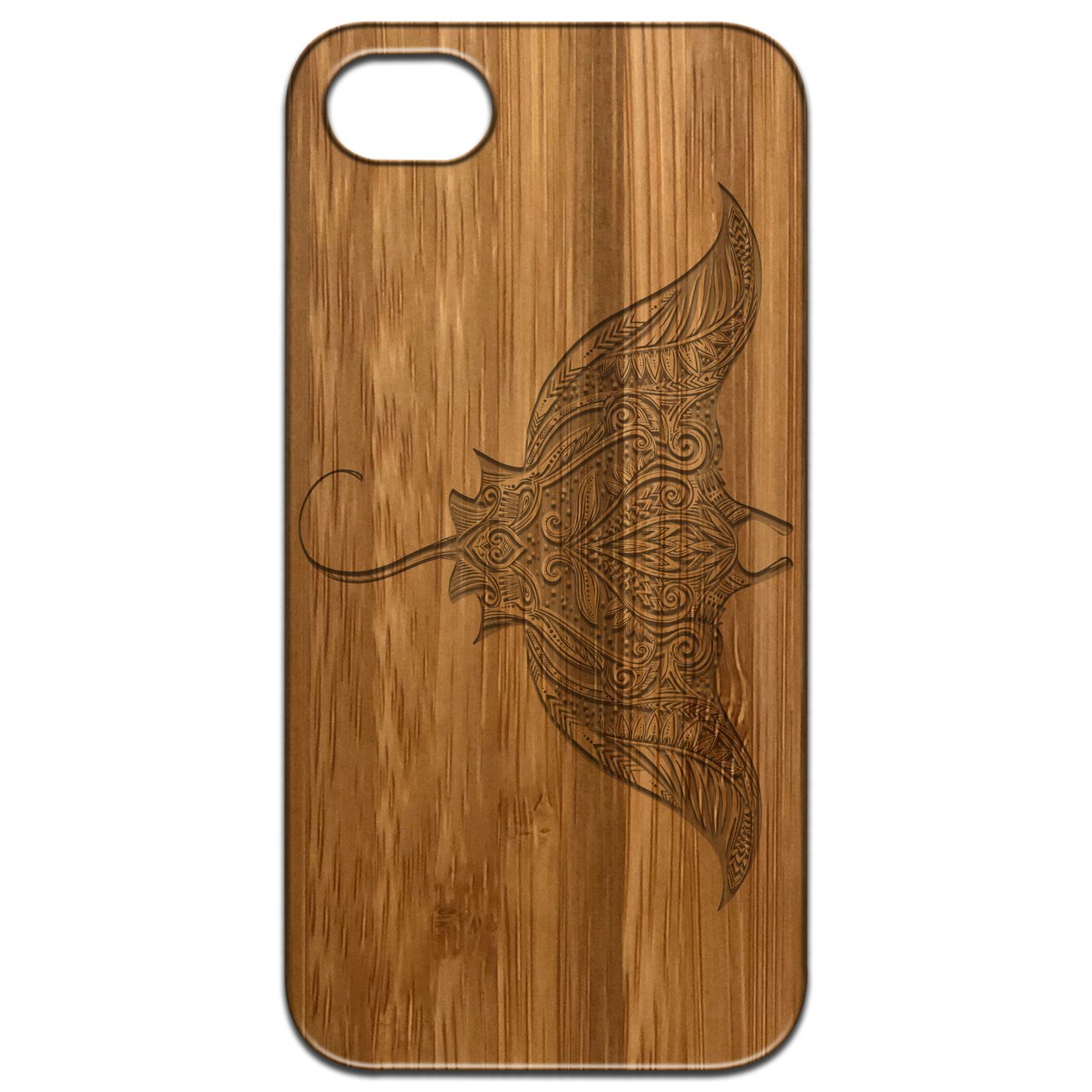 Ornate Stingray - Engraved wooden phone case showcasing intricate design and natural wood finish.