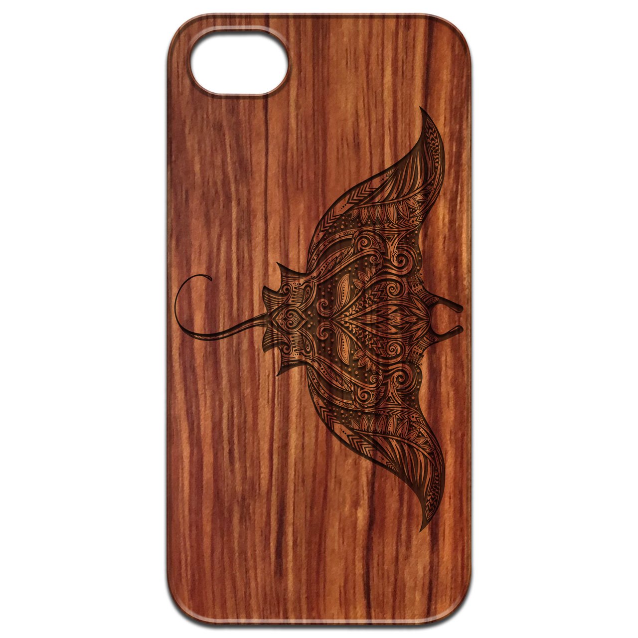 Ornate Stingray - Engraved wooden phone case showcasing intricate design and natural wood finish.