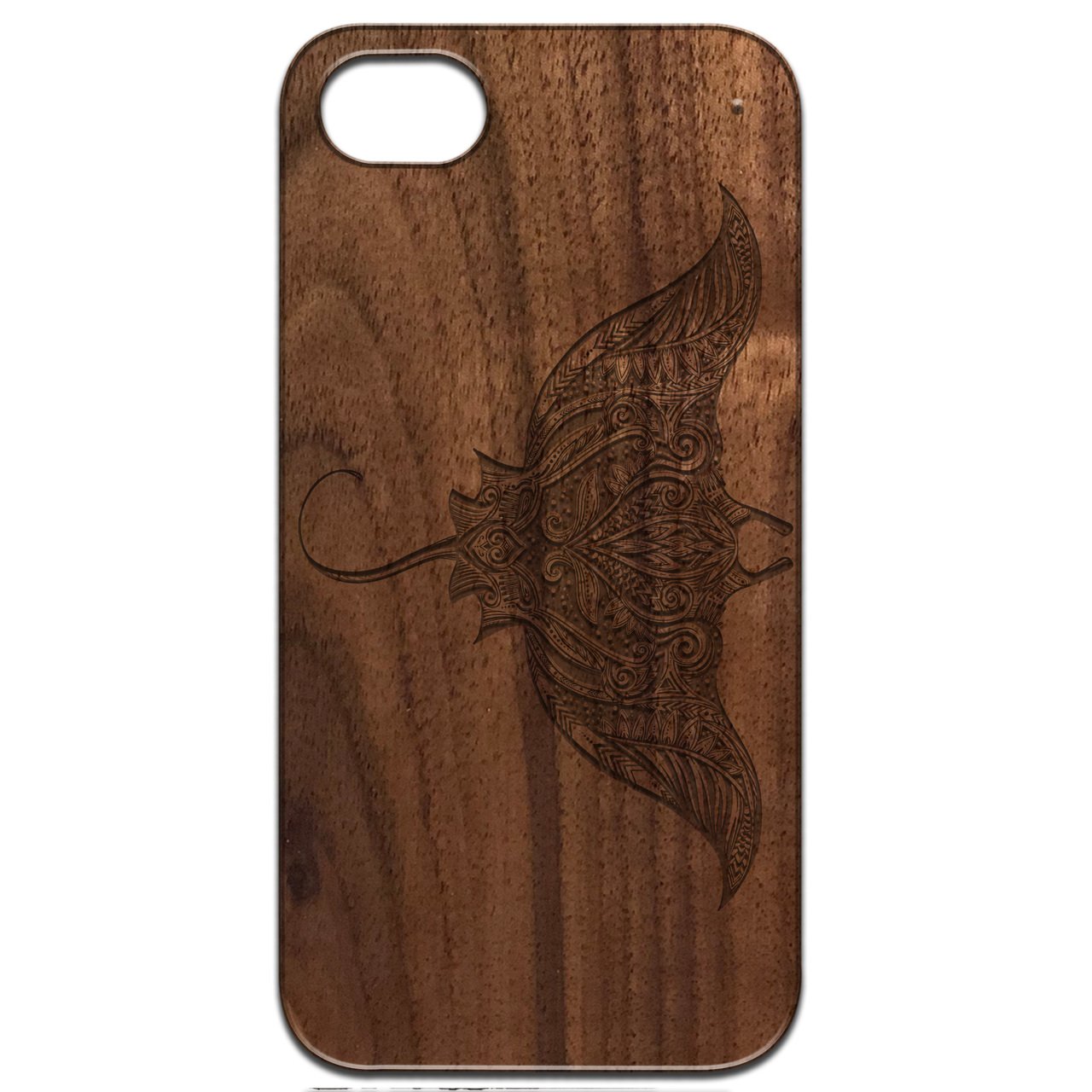 Ornate Stingray - Engraved wooden phone case showcasing intricate design and natural wood finish.