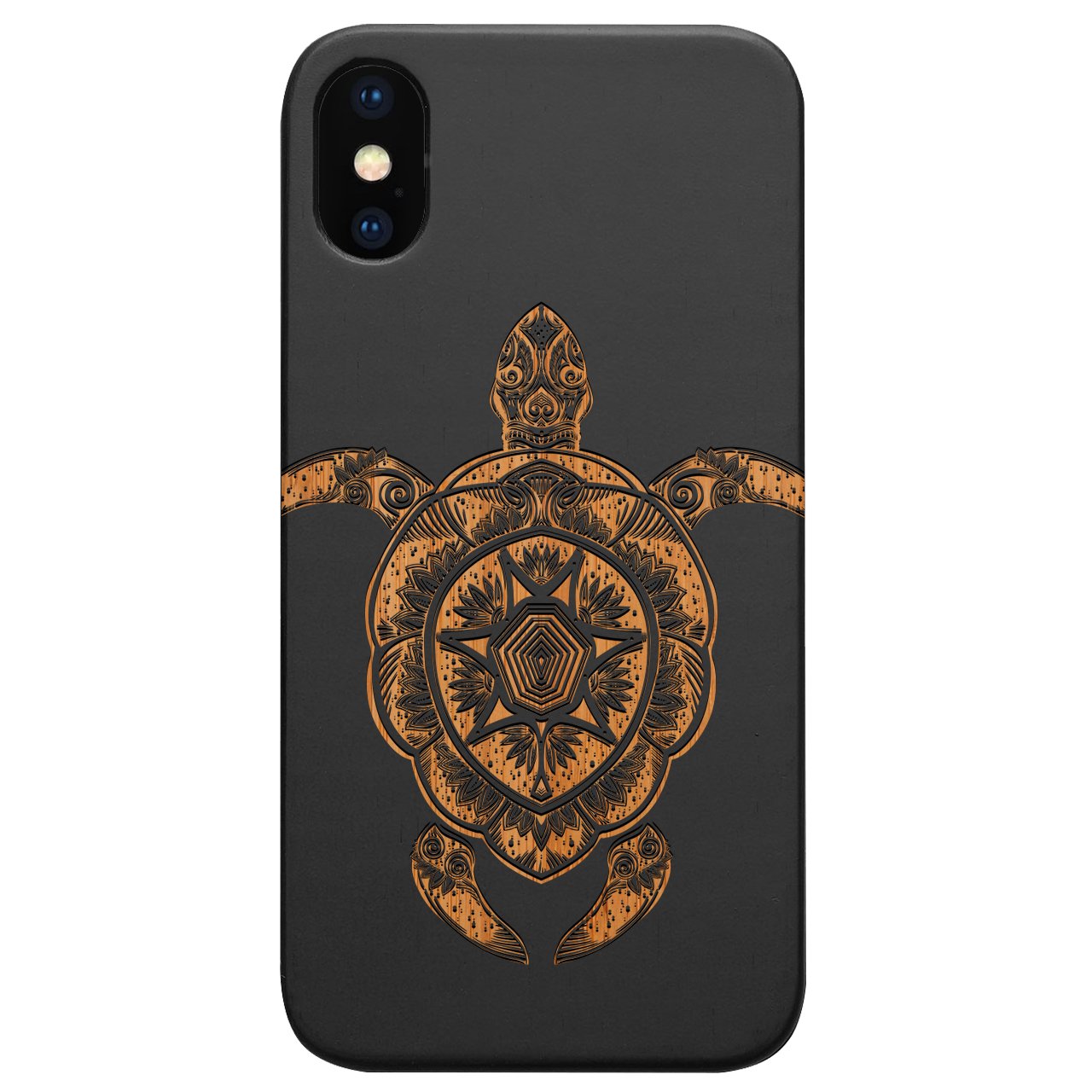 Ornate Turtle - Engraved wooden phone case showcasing intricate laser-engraved design and durable construction.