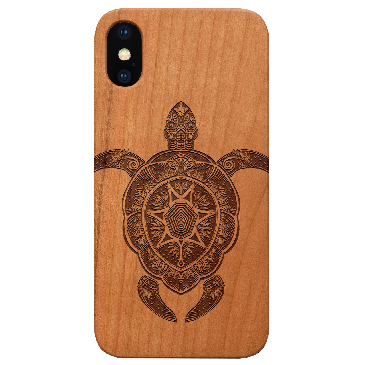 Ornate Turtle - Engraved wooden phone case showcasing intricate laser-engraved design and durable construction.