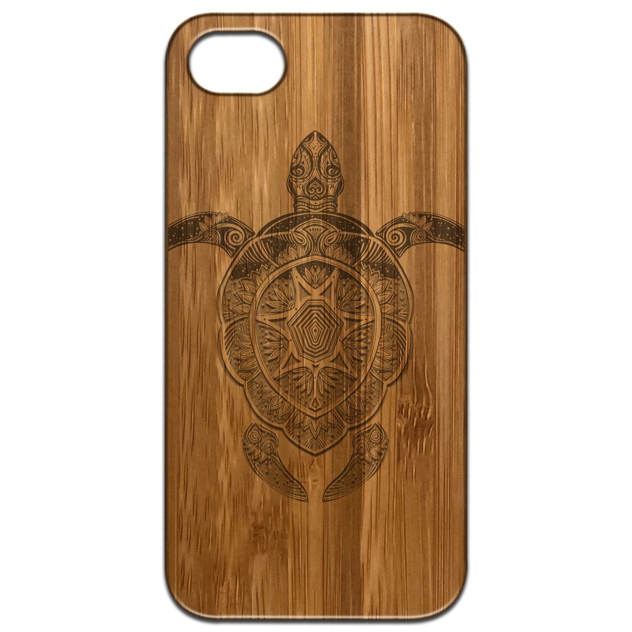 Ornate Turtle - Engraved wooden phone case showcasing intricate laser-engraved design and durable construction.