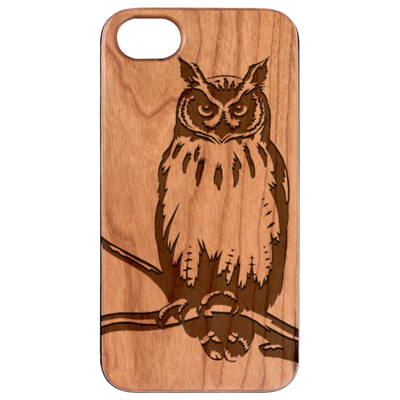 Owl 1 Engraved wooden phone case showcasing unique laser-engraved design and natural wood finish.