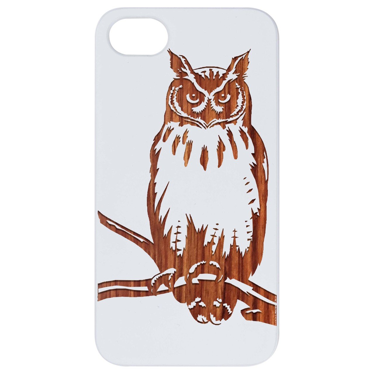 Owl 1 Engraved wooden phone case showcasing unique laser-engraved design and natural wood finish.