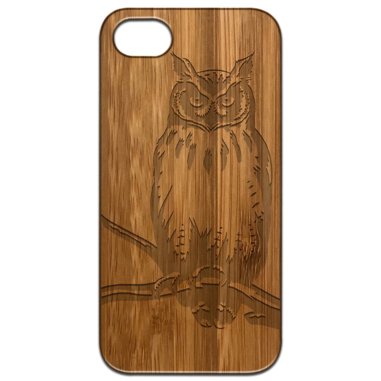 Owl 1 Engraved wooden phone case showcasing unique laser-engraved design and natural wood finish.