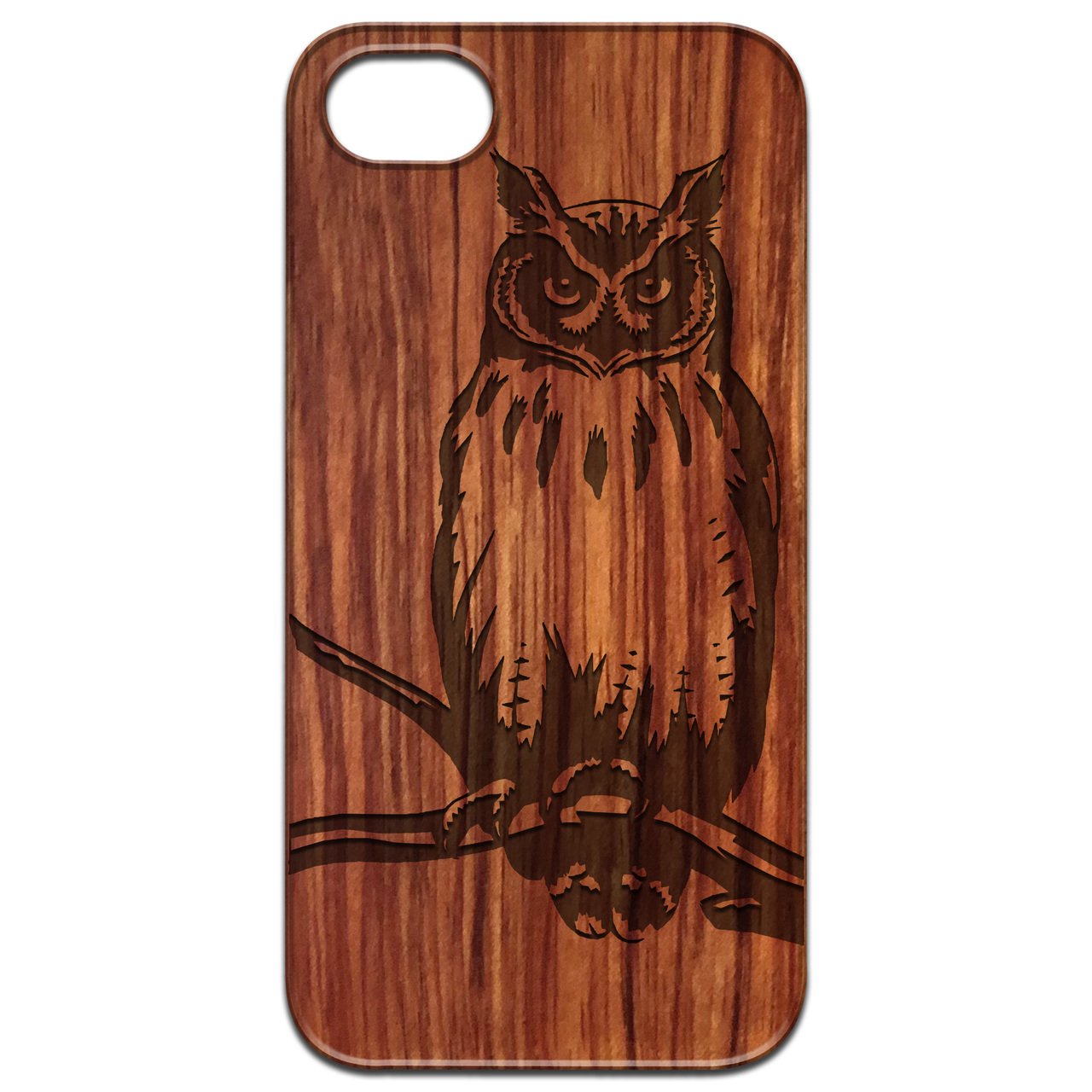 Owl 1 Engraved wooden phone case showcasing unique laser-engraved design and natural wood finish.