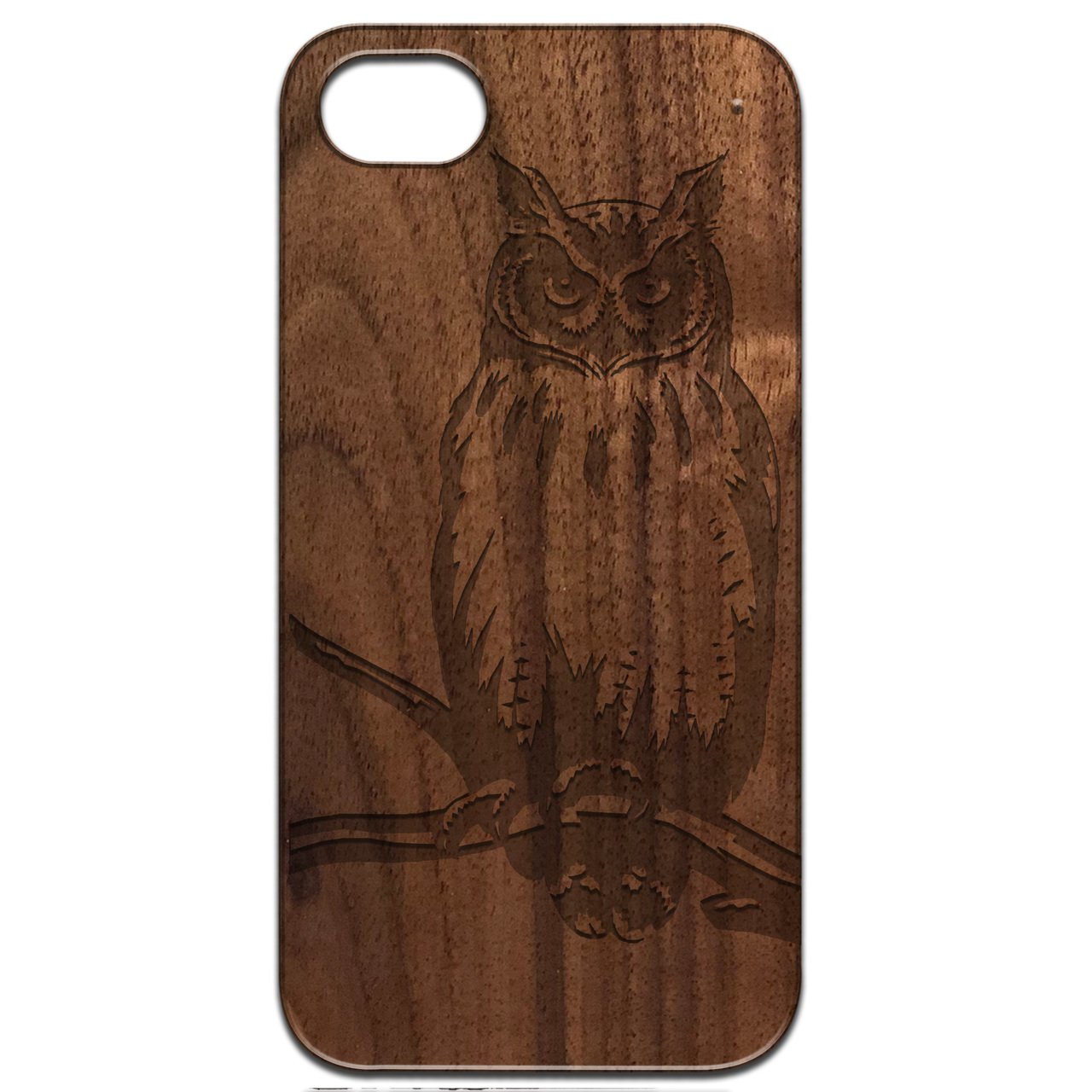 Owl 1 Engraved wooden phone case showcasing unique laser-engraved design and natural wood finish.