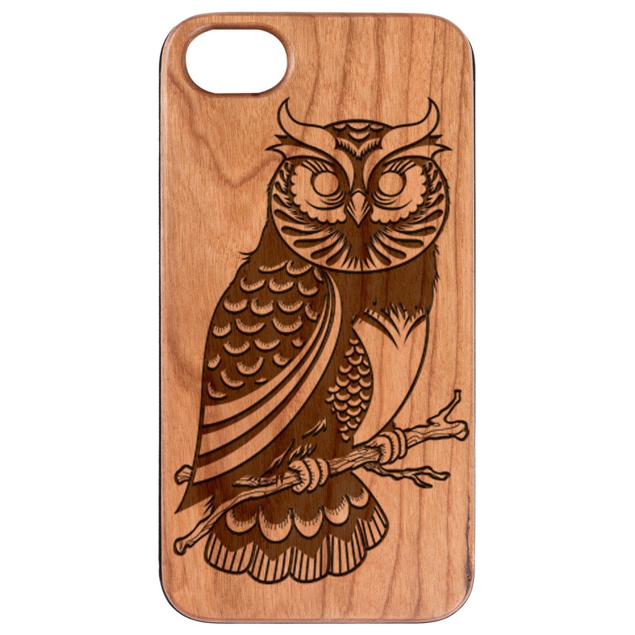 Owl 2 - Engraved wooden phone case showcasing intricate laser-engraved design and natural wood finish.