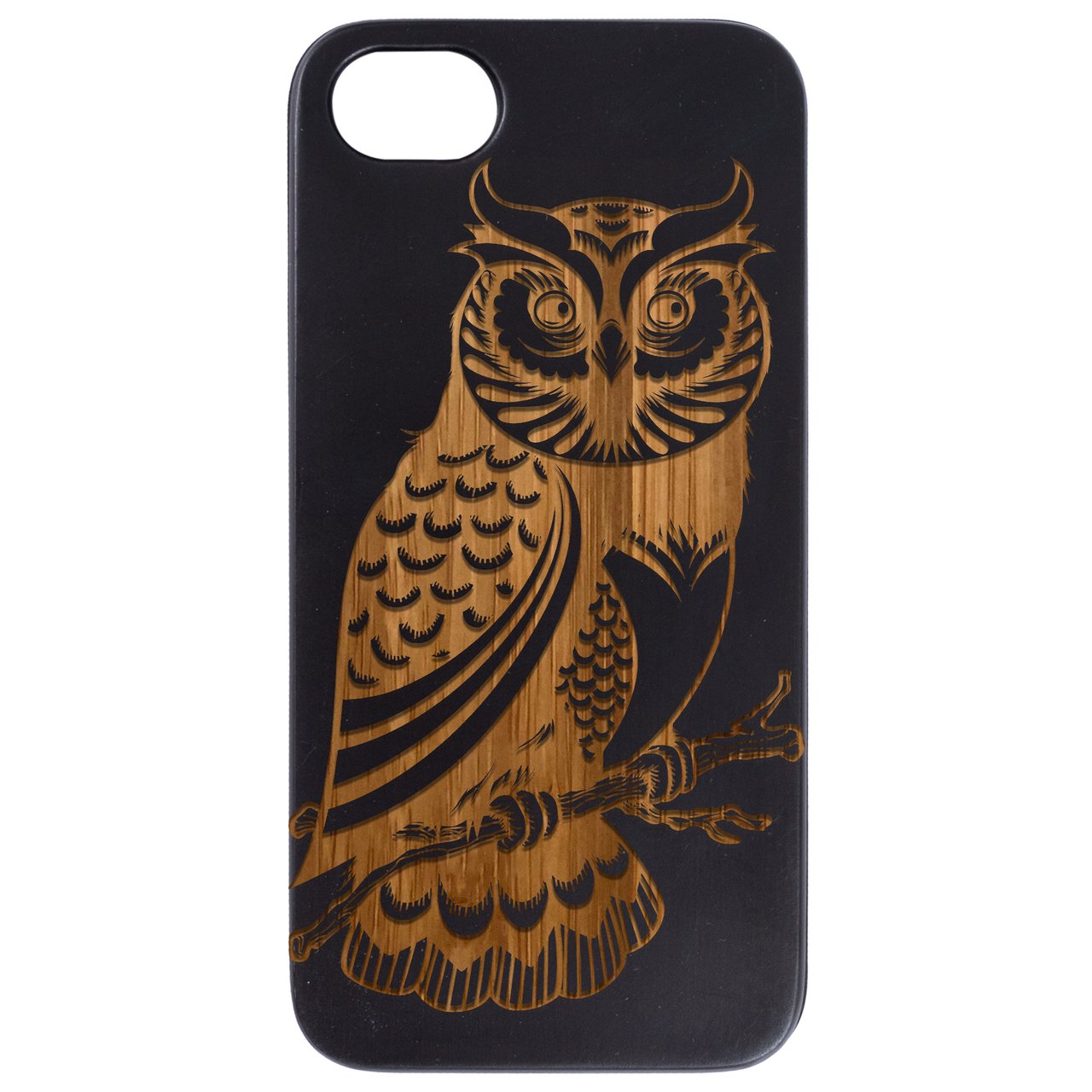 Owl 2 - Engraved wooden phone case showcasing intricate laser-engraved design and natural wood finish.