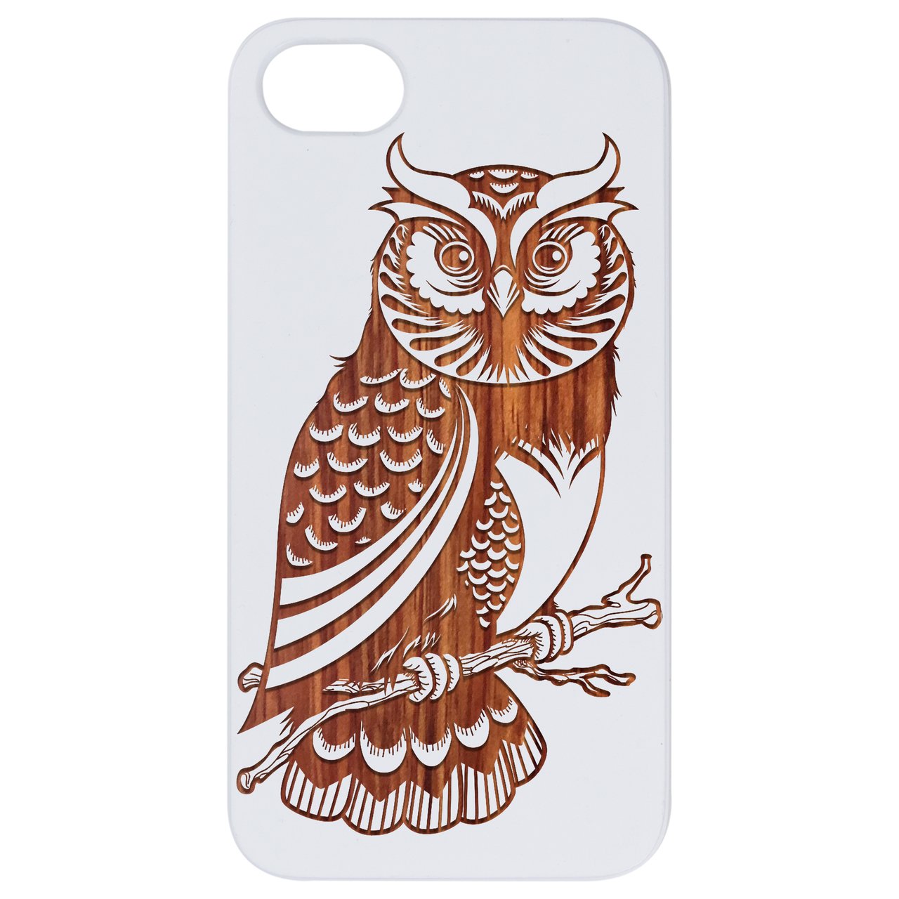 Owl 2 - Engraved wooden phone case showcasing intricate laser-engraved design and natural wood finish.