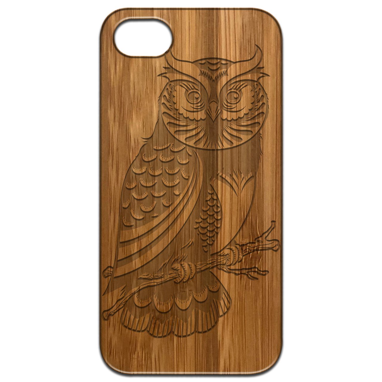 Owl 2 - Engraved wooden phone case showcasing intricate laser-engraved design and natural wood finish.