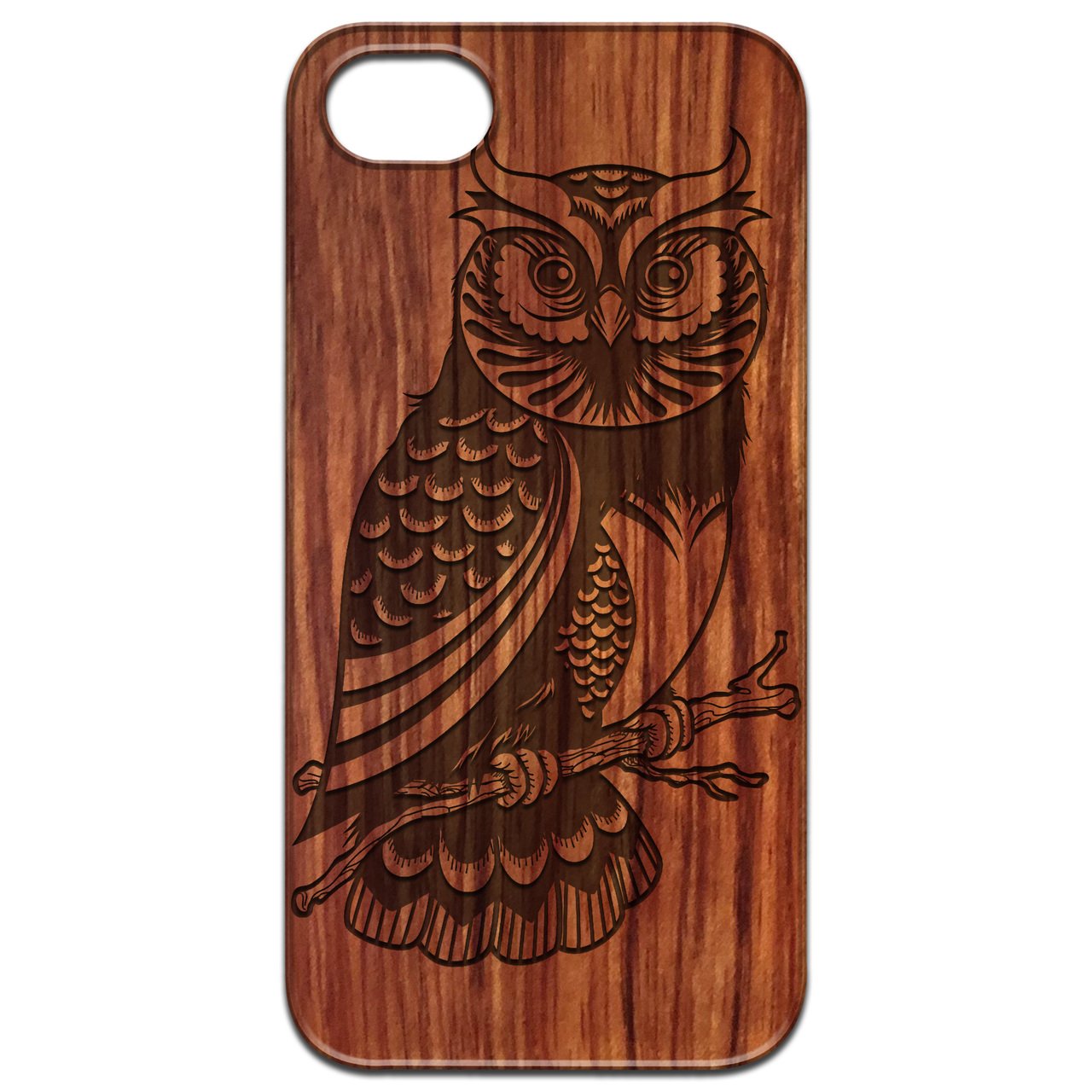 Owl 2 - Engraved wooden phone case showcasing intricate laser-engraved design and natural wood finish.