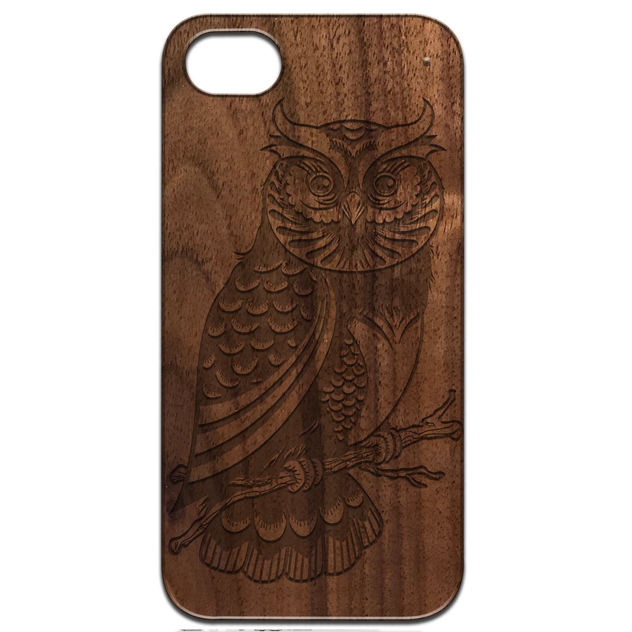 Owl 2 - Engraved wooden phone case showcasing intricate laser-engraved design and natural wood finish.