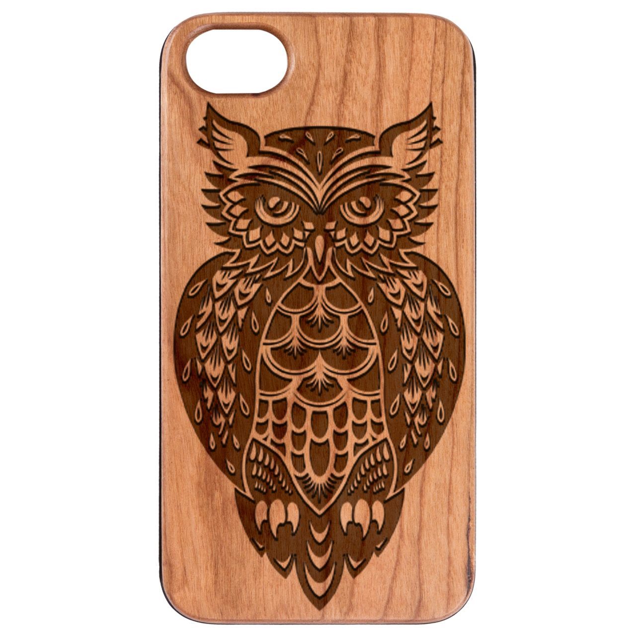 Owl 3 Engraved wooden phone case showcasing unique laser-engraved design and natural wood finish.