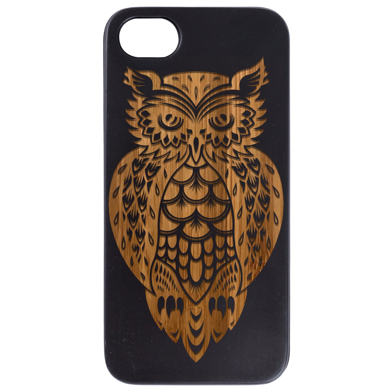 Owl 3 Engraved wooden phone case showcasing unique laser-engraved design and natural wood finish.