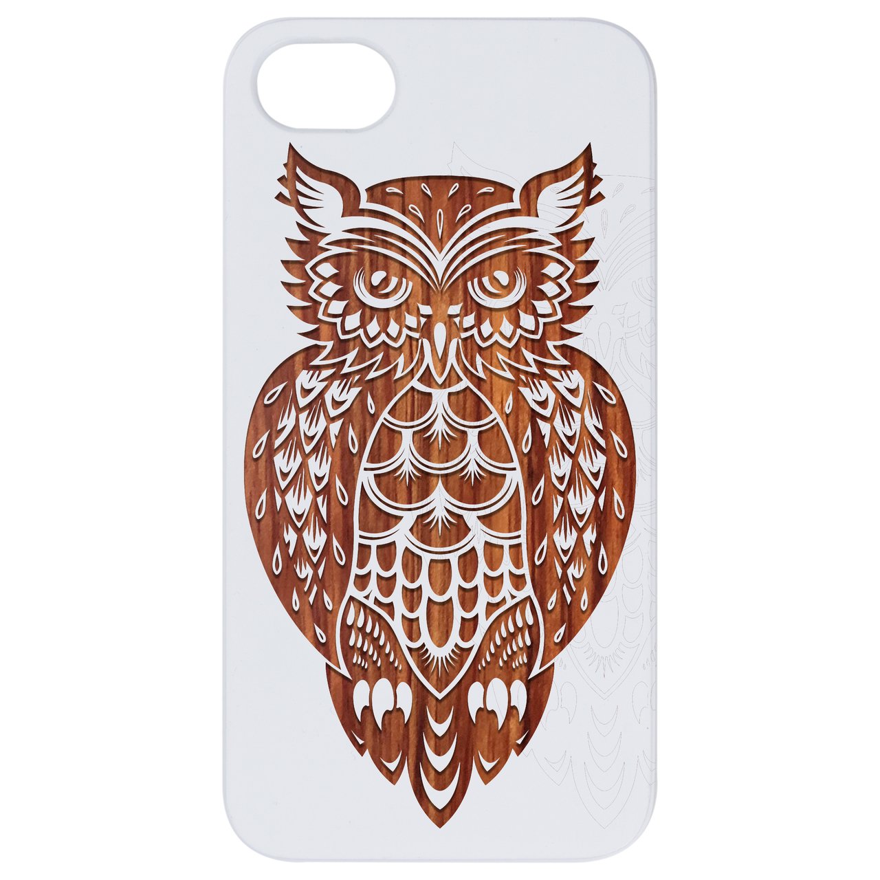 Owl 3 Engraved wooden phone case showcasing unique laser-engraved design and natural wood finish.