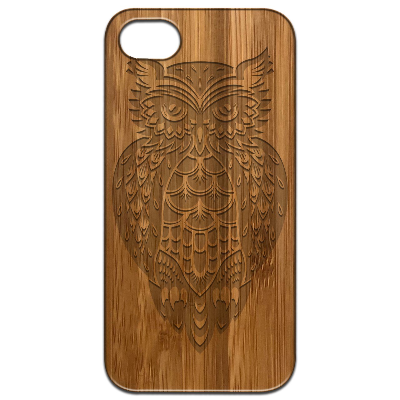 Owl 3 Engraved wooden phone case showcasing unique laser-engraved design and natural wood finish.