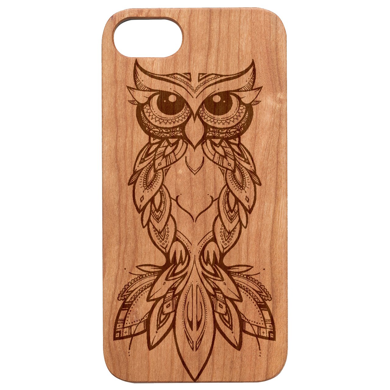 Owl Mandala Engraved wooden phone case showcasing intricate design and durable construction.