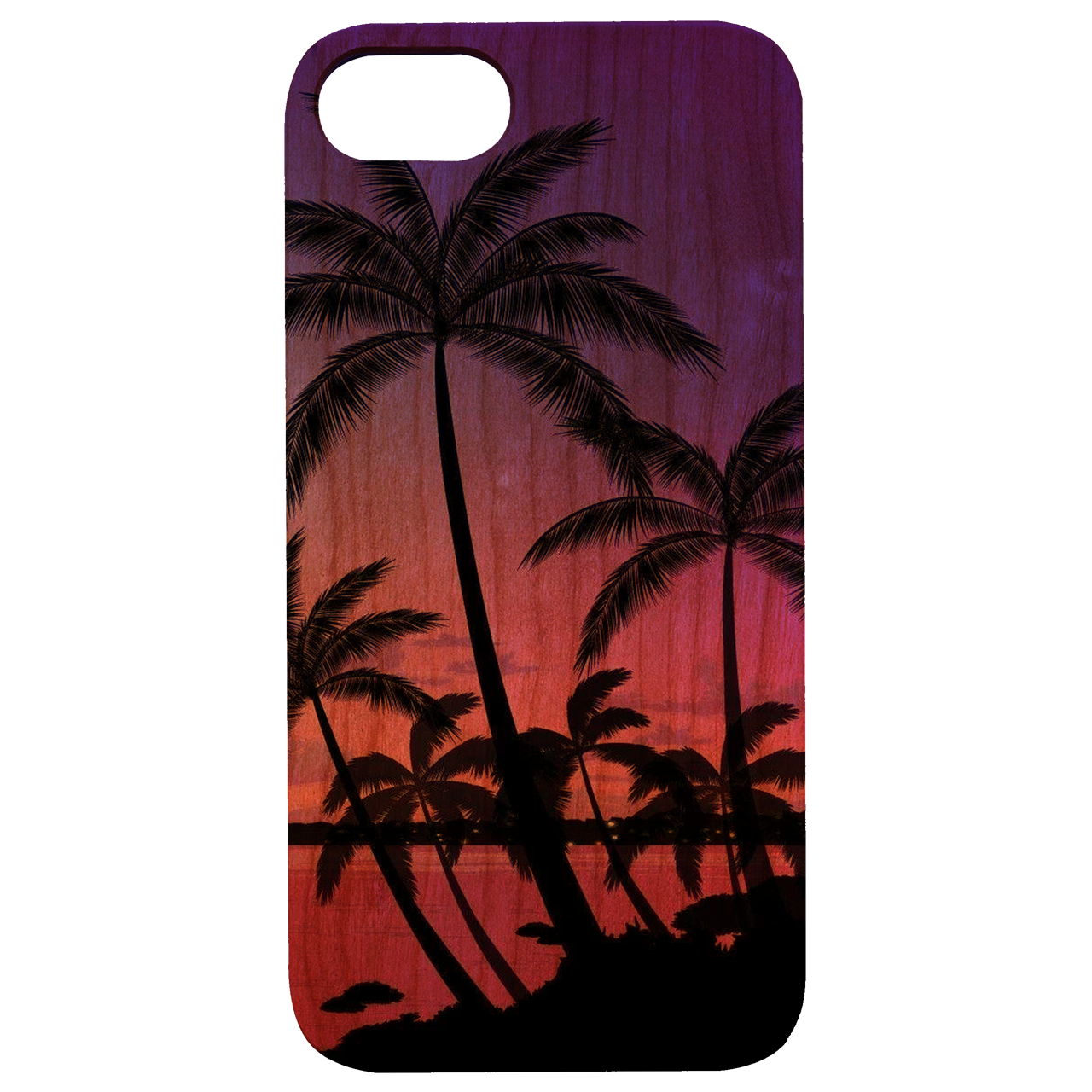 Palm Trees 2 UV Color Printed phone case featuring vibrant palm tree design on a natural wood surface, showcasing durability and style.