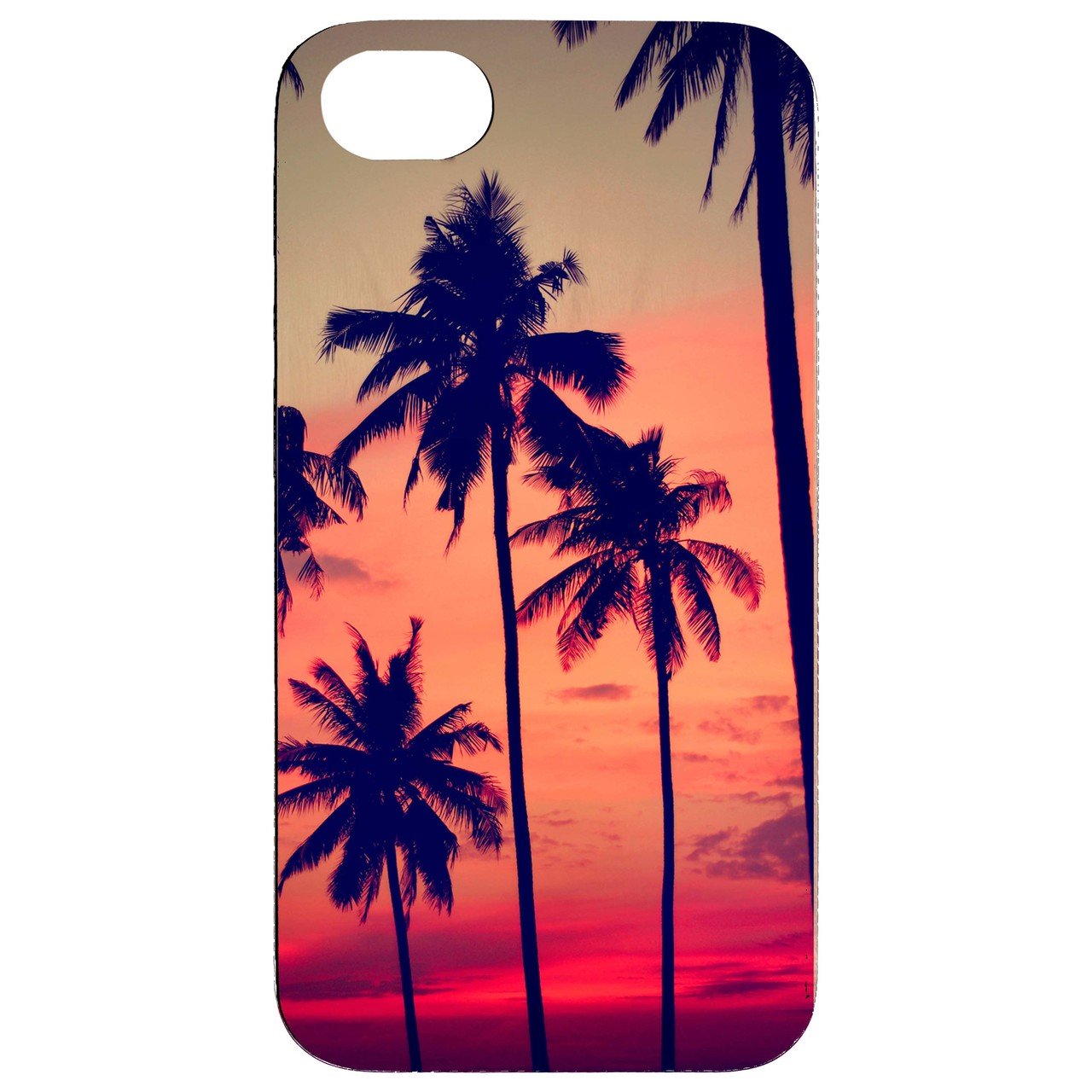 Palm Trees UV Color Printed phone case showcasing a vibrant palm tree design on a natural wood surface, offering style and protection.