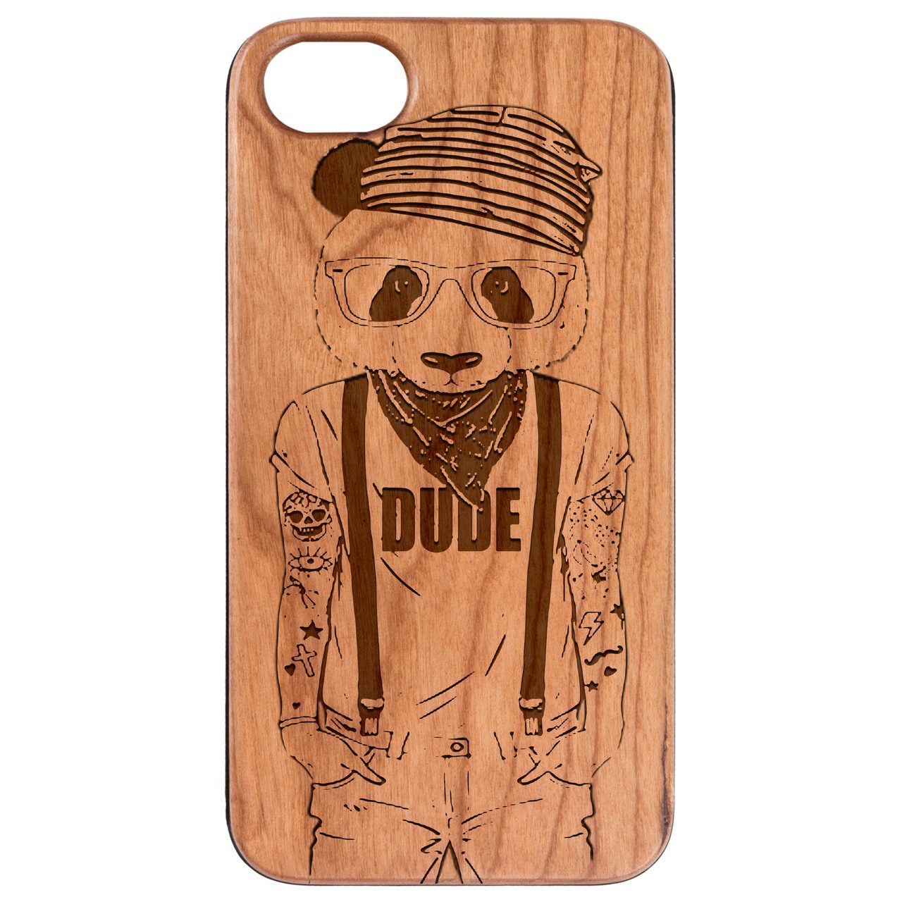 Panda Boy Engraved wooden phone case showcasing unique laser-engraved design and natural wood finish, suitable for various smartphone models.