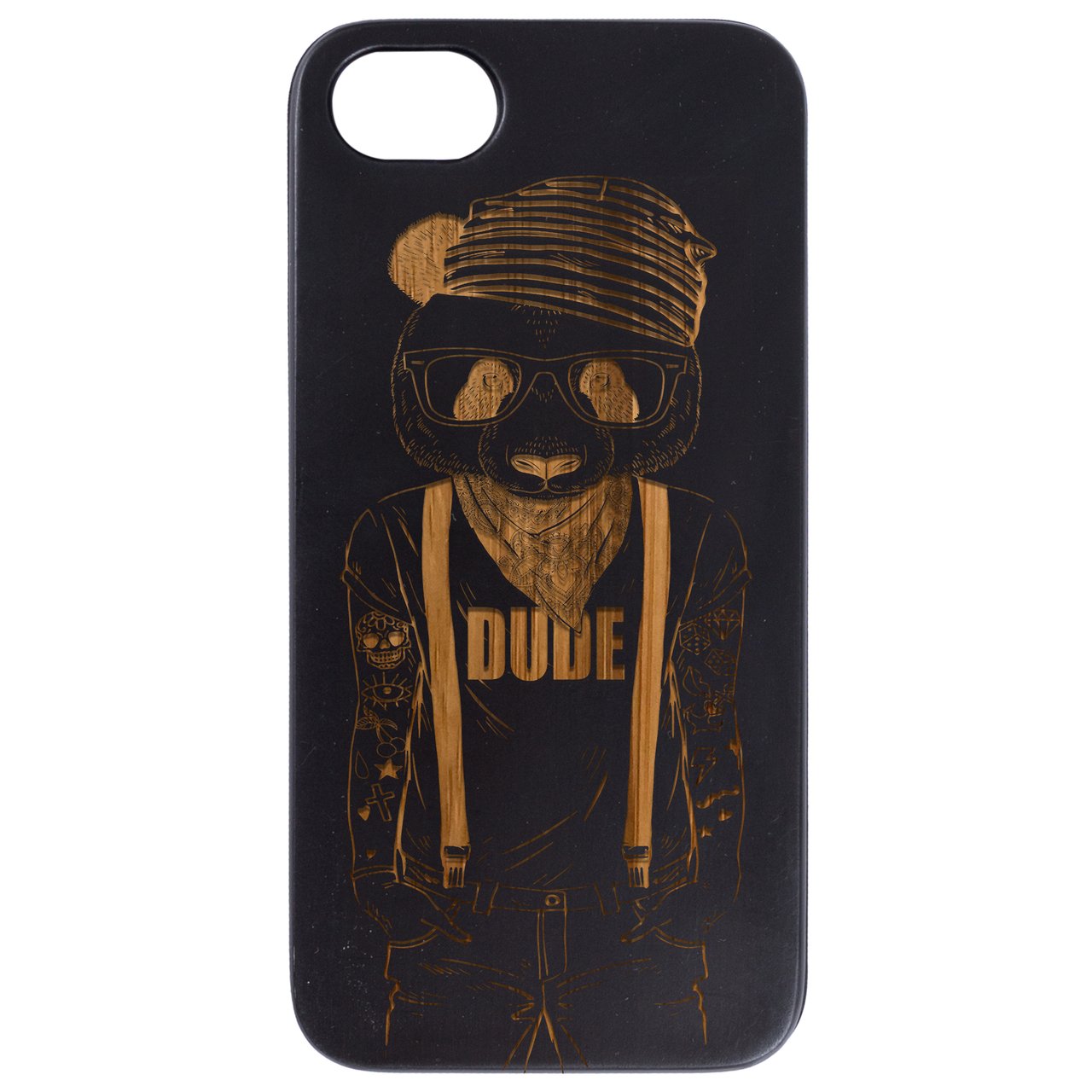 Panda Boy Engraved wooden phone case showcasing unique laser-engraved design and natural wood finish, suitable for various smartphone models.