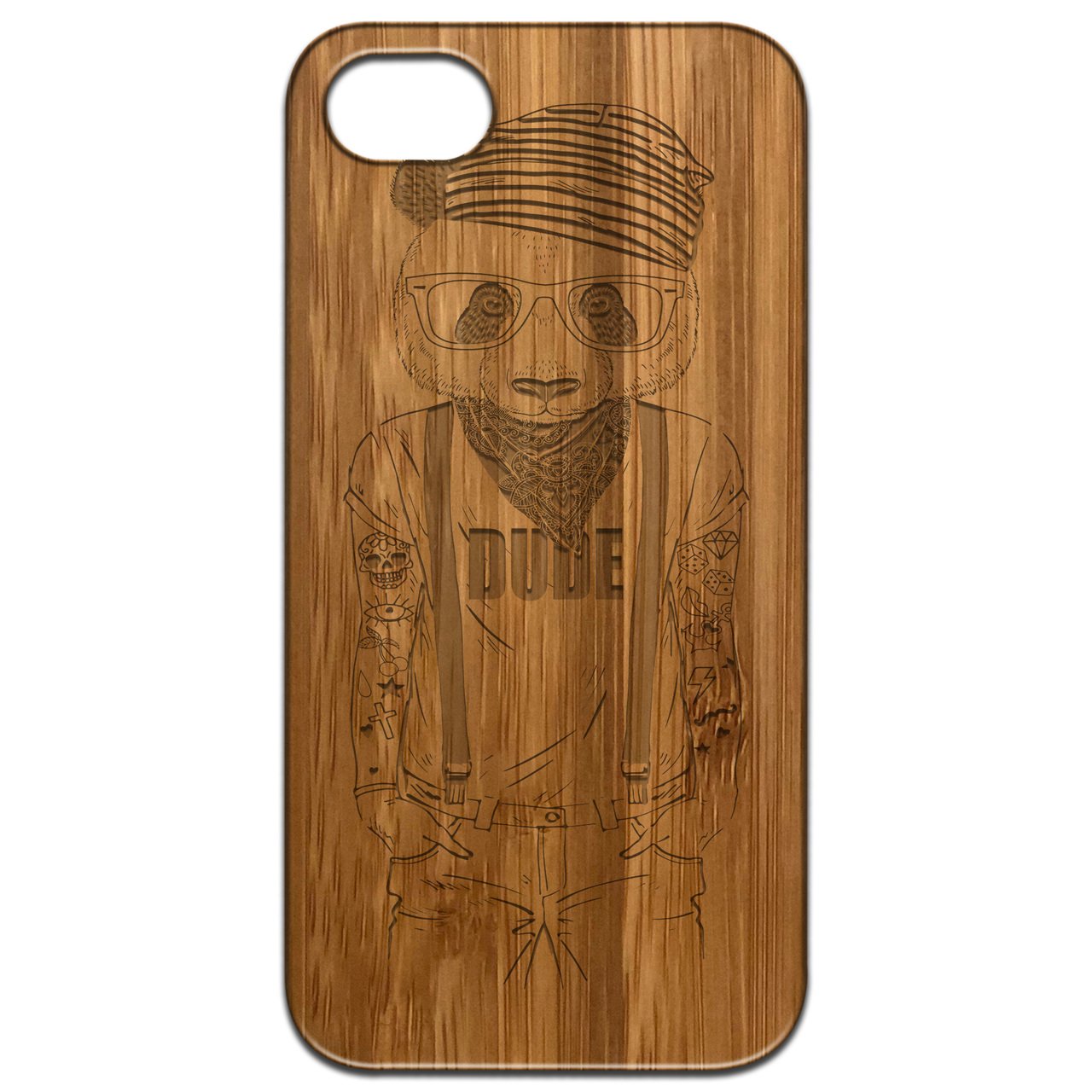 Panda Boy Engraved wooden phone case showcasing unique laser-engraved design and natural wood finish, suitable for various smartphone models.