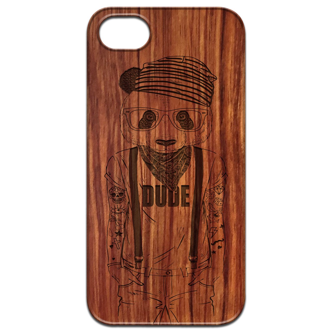 Panda Boy Engraved wooden phone case showcasing unique laser-engraved design and natural wood finish, suitable for various smartphone models.