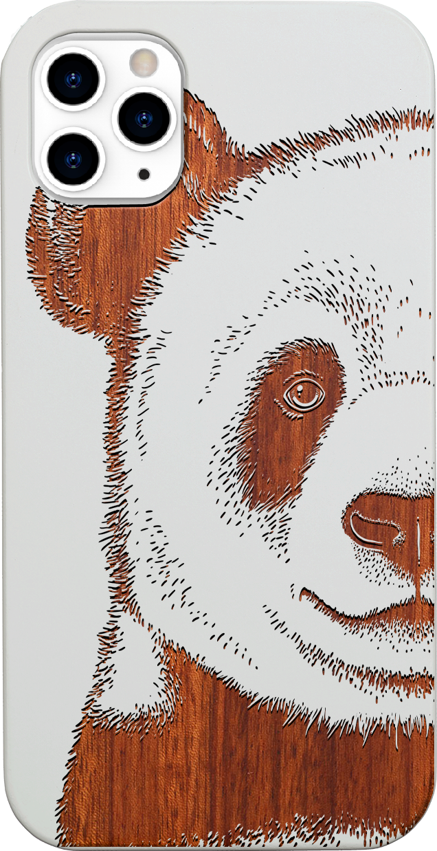 Panda - Engraved wooden phone case showcasing unique laser-engraved design and natural wood finish.