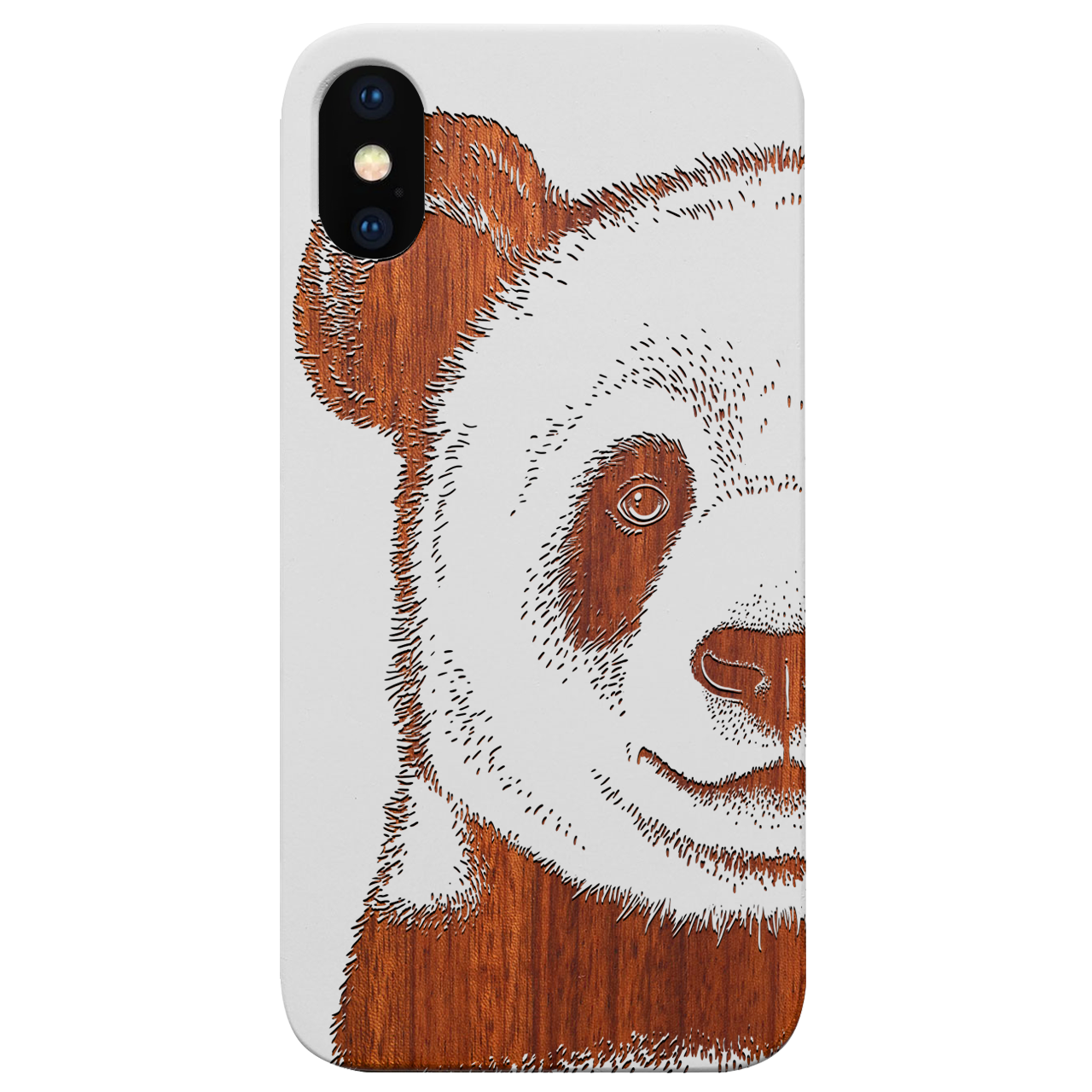 Panda - Engraved wooden phone case showcasing unique laser-engraved design and natural wood finish.