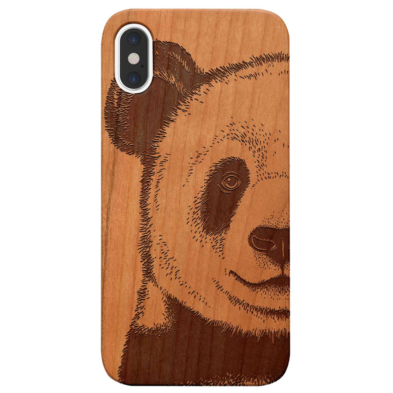 Panda - Engraved wooden phone case showcasing unique laser-engraved design and natural wood finish.