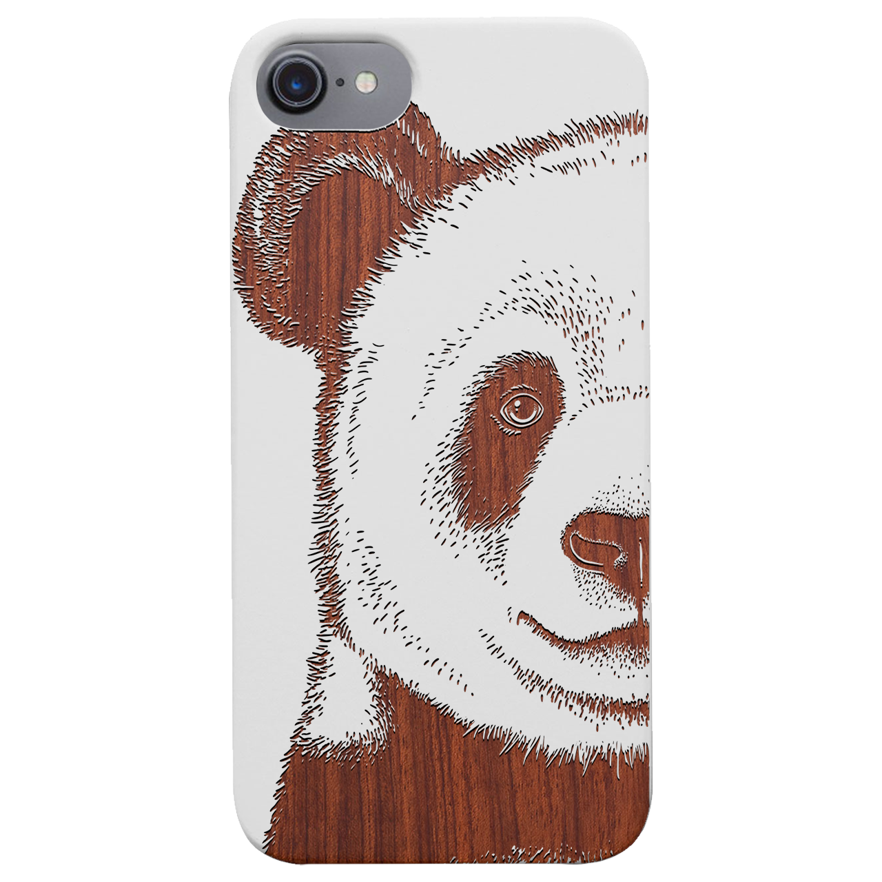 Panda - Engraved wooden phone case showcasing unique laser-engraved design and natural wood finish.