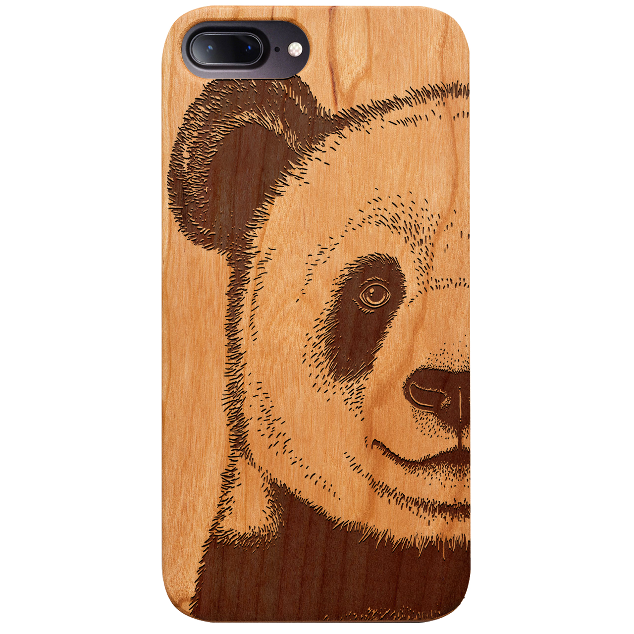 Panda - Engraved wooden phone case showcasing unique laser-engraved design and natural wood finish.