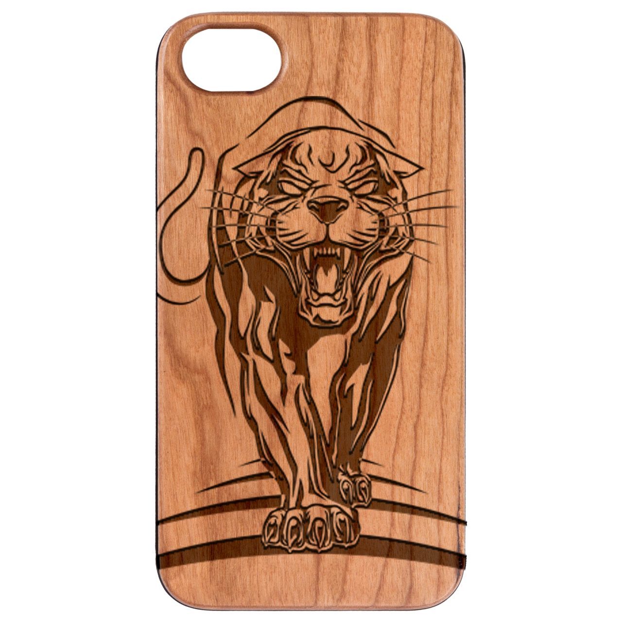 Panther - Engraved wooden phone case showcasing unique laser-engraved design and natural wood finish, ideal for iPhone and Samsung models.