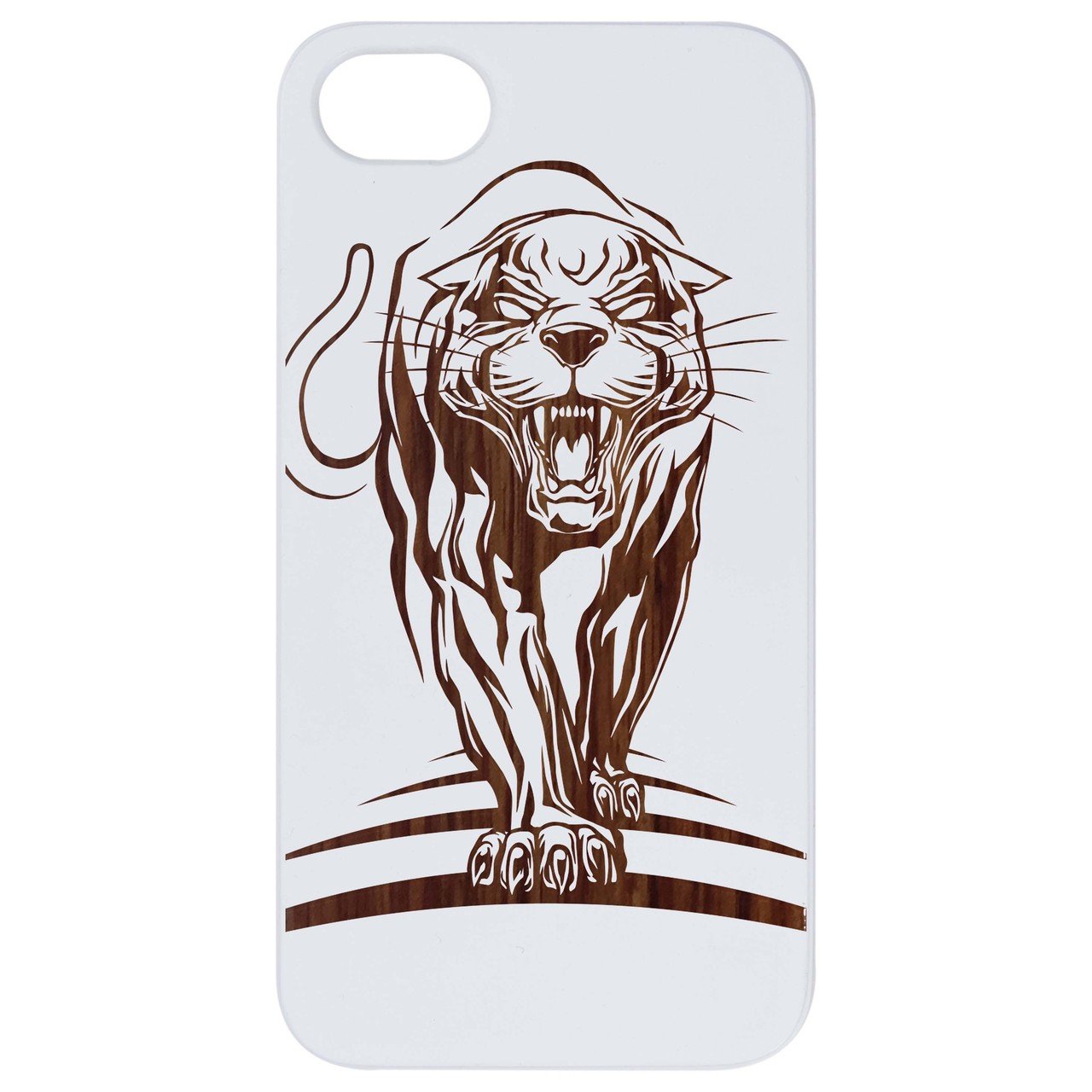 Panther - Engraved wooden phone case showcasing unique laser-engraved design and natural wood finish, ideal for iPhone and Samsung models.