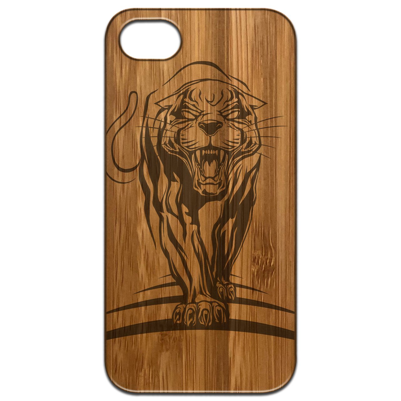 Panther - Engraved wooden phone case showcasing unique laser-engraved design and natural wood finish, ideal for iPhone and Samsung models.