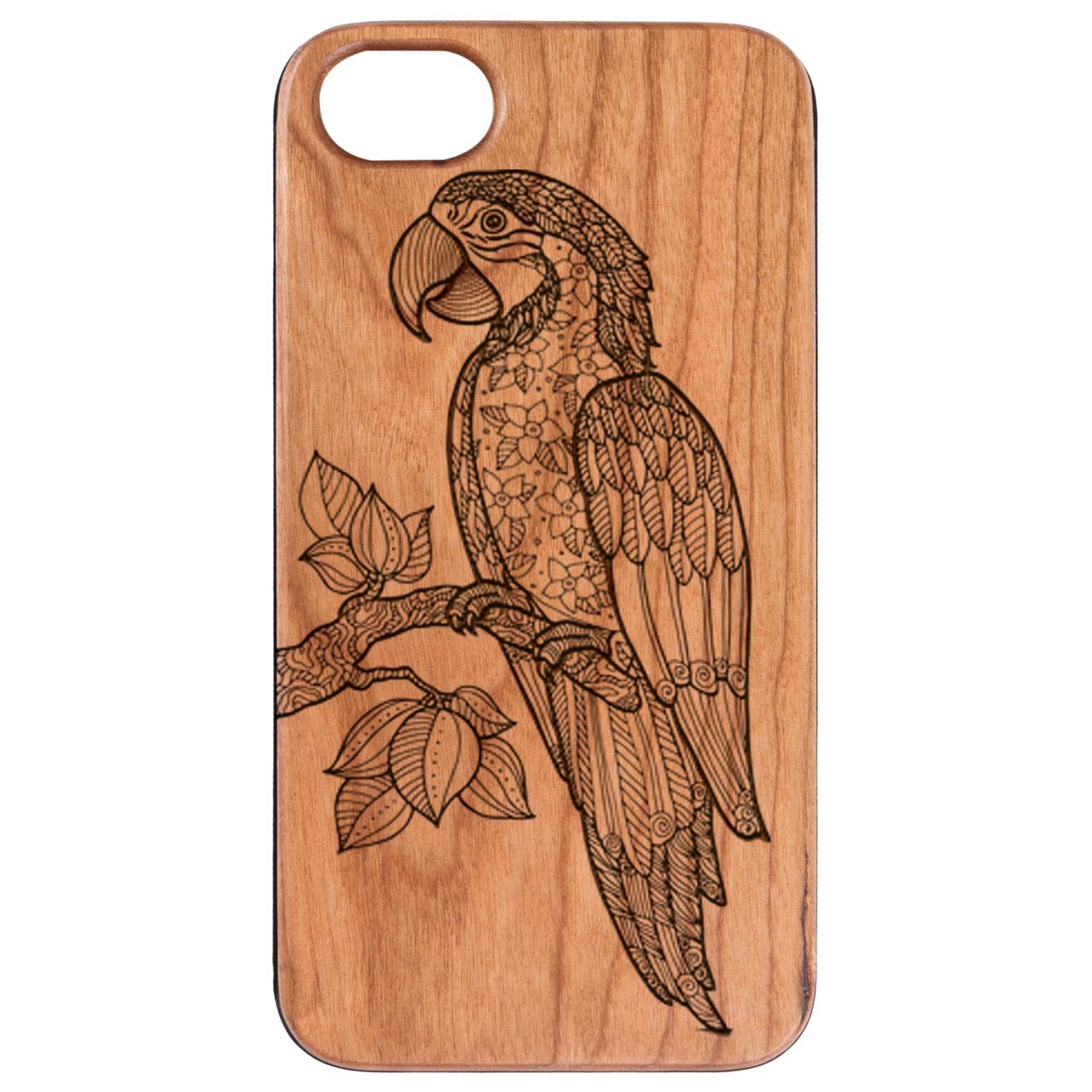 Parrot Engraved wooden phone case showcasing unique laser-engraved design and natural wood finish.