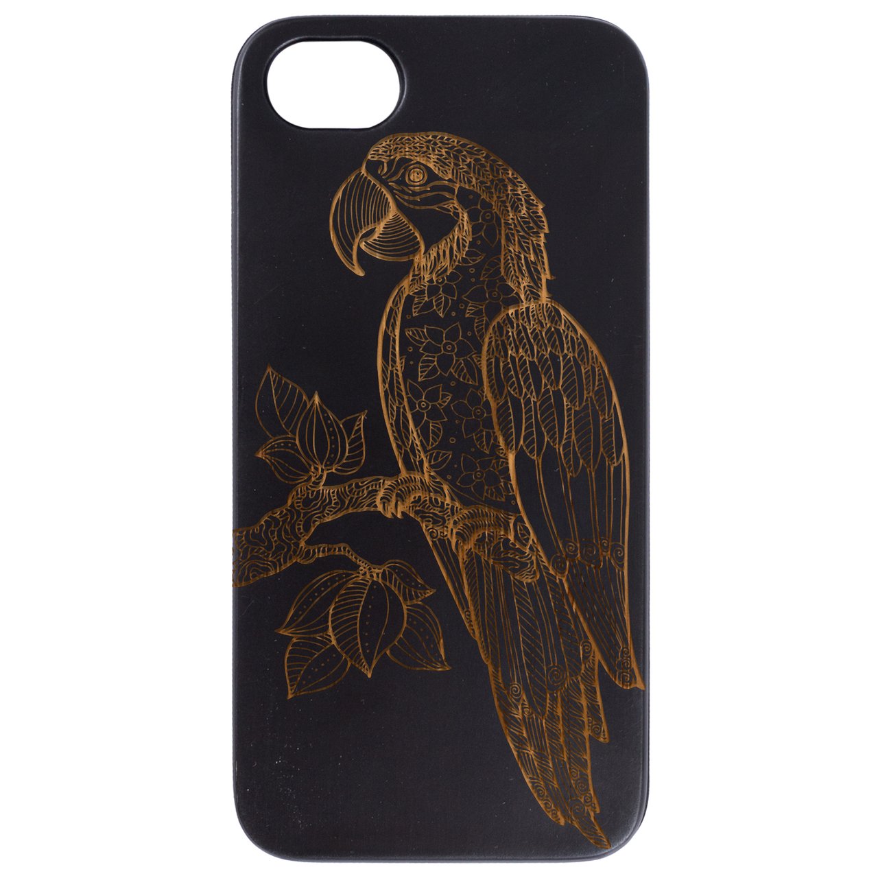 Parrot Engraved wooden phone case showcasing unique laser-engraved design and natural wood finish.