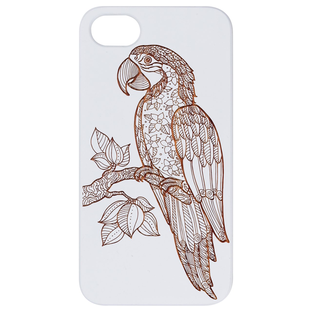 Parrot Engraved wooden phone case showcasing unique laser-engraved design and natural wood finish.