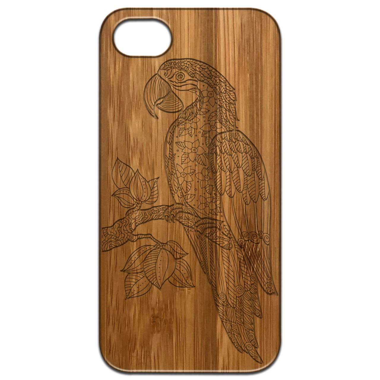 Parrot Engraved wooden phone case showcasing unique laser-engraved design and natural wood finish.