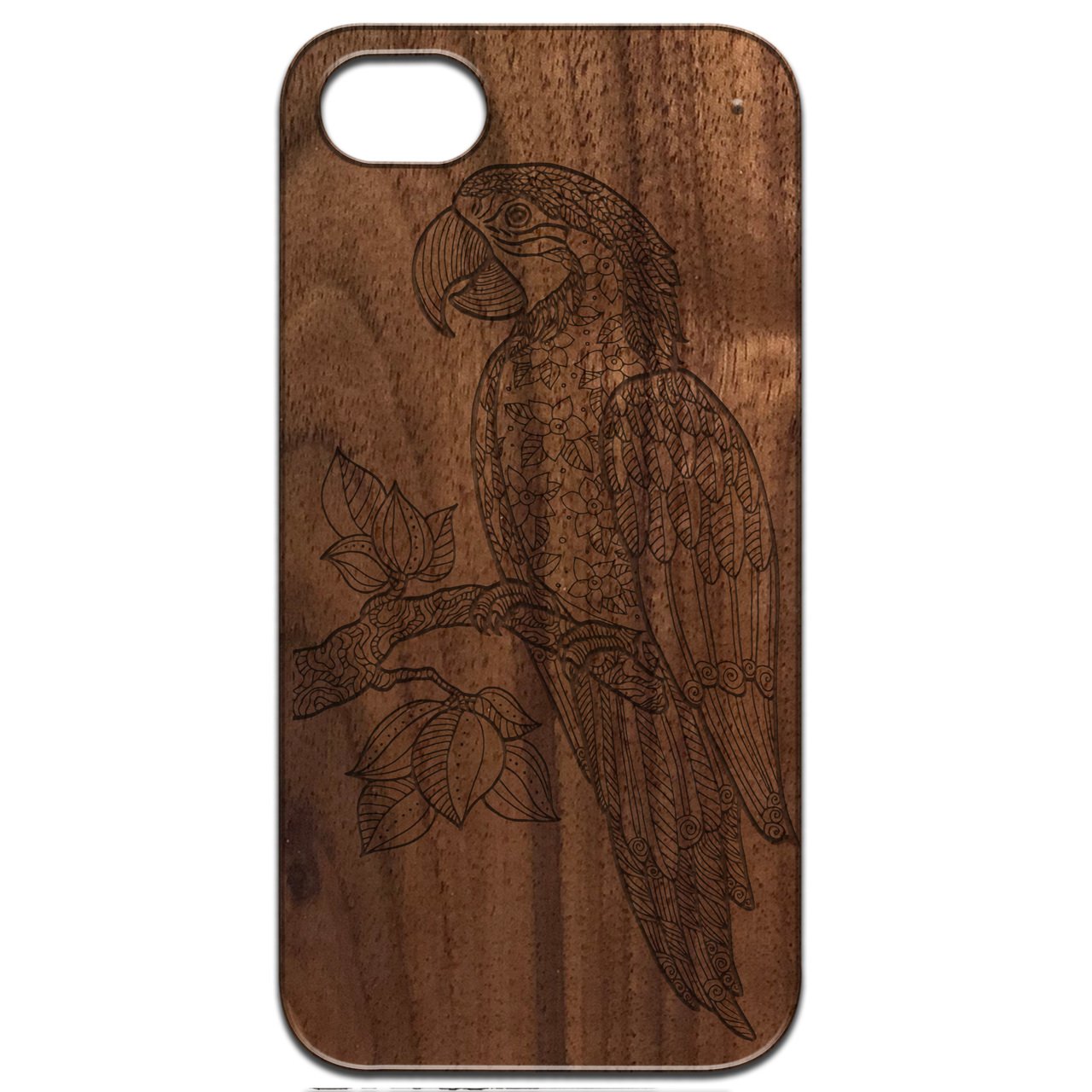 Parrot Engraved wooden phone case showcasing unique laser-engraved design and natural wood finish.